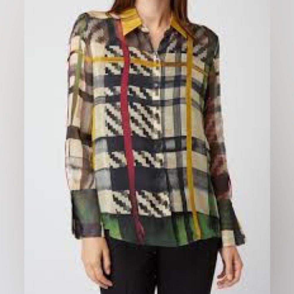 Luisa Cerano 100% Pure Silk Colour Block Checkered Blouse - Size 6